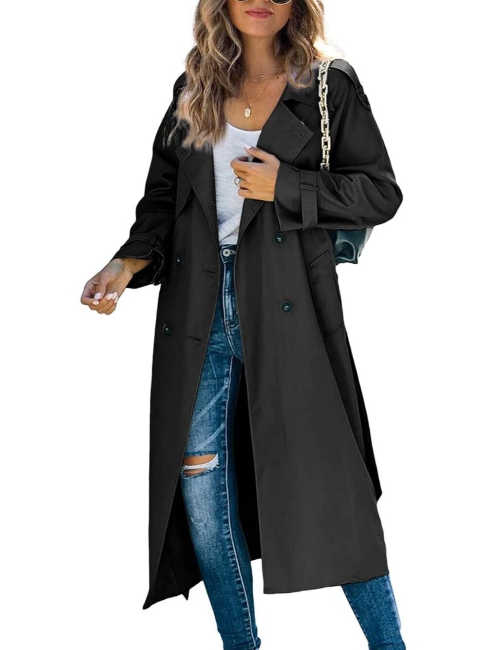 Women's Black Double Breasted Windproof Overcoat With Belt Long Trench Coat
